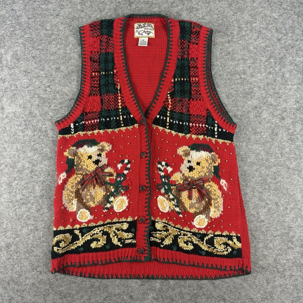 Vintage Heirloom Collectibles Christmas Sweater Vest Bears Plaid Womens Medium